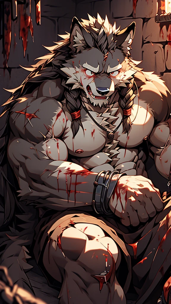 (photorealistic:1.4), (nsfw:1.3), 8k, (masterpiece), best quality, highest quality, (highly detailed fur:1.5), (detailed muscles:1.4), (detailed face:1.5), (realistic eyes),(painful expression:1.9), original, highres, unparalleled masterpiece, ultra realistic 8k, perfect artwork, grey wolf, male, middle aged, (general:1.2), (naked:1.4), (severely damaged body:1.4), scars, long hair, braided hair, white braids, (dungeon:1.3), (shackled:1.3), (prisoner:1.2), (torture:1.4), (blood:1.3), (detailed wounds)