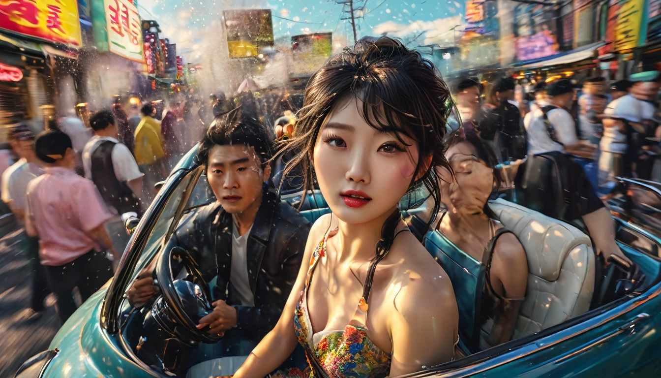 A rich middle-aged Japanese man and a young beautiful woman ride in an open car, Wide angle, 4K (man) high resolution, Sharp focus, (Super detailed, Very detailed), (Photorealistic artwork: 1.37), (Highly detailed CG Unity 8k wallpaper), (((vibrant colors, vibrant theme))), (Intricate), (Masterpiece), (Best quality), Art photography, (Photo by sldr), (Intricate background), Perfectly rendered face, Perfect facial details, Realistic face, Photorealistic, ((Intricate details)), (((Realism))), Full body, Wide field of view,
