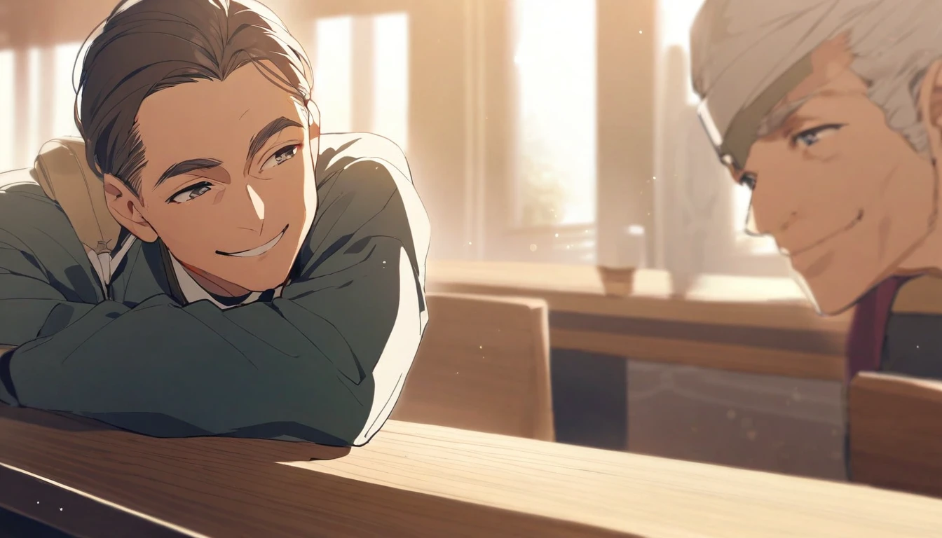 A middle-aged man with short hair sits sideways on the left side of the table，Smiling face looking forward