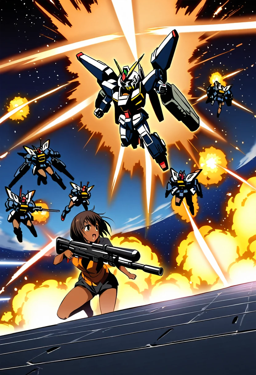 (((dark tan skin))) dark-skinned female, tanned Dark brown skin Strike Witches Kaneshiya Shitara V Gundam Blue Slingshot suicide bombing Human bomb Charge Nene Corps Bazooka Special Attack Unit universe space Just before the explosion