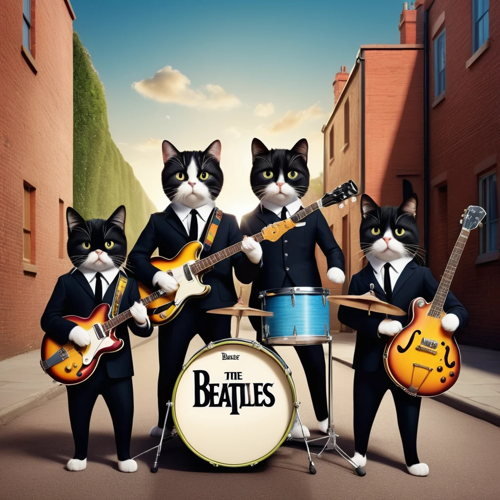 create an image of a rock band made up only of cute cats parodying the beatles