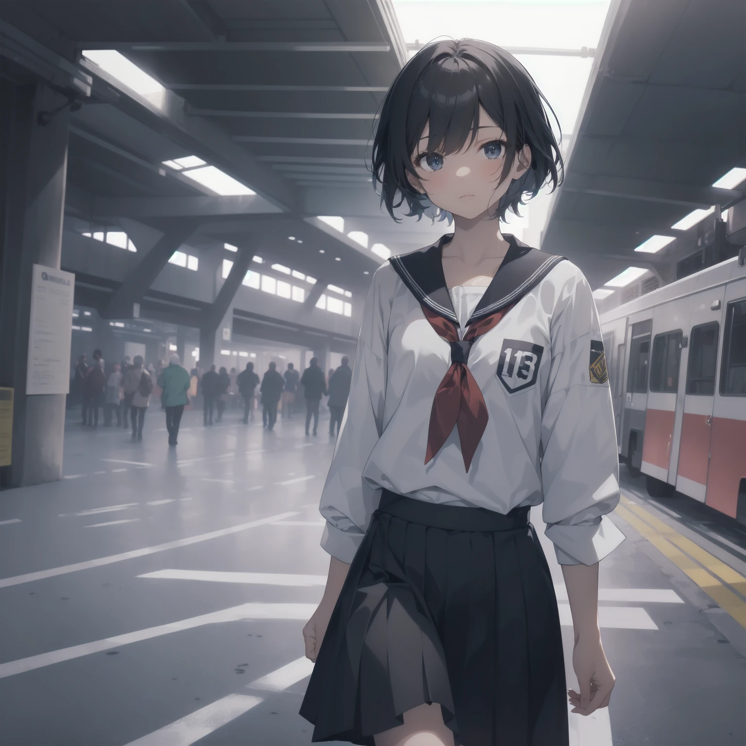 ultra-absurdres-Top quality by artist God, ultra-detailed, high resolution, anime moe artstyle, best anime 8k konachan wallpaper, pixiv contest winner, pool:2810, perfect anatomy,break, 1girl, (Please draw a girl walking sleepily to school alone. )break,(Solo,little female, 13-year-old:1.3),Full limbs, complete fingers,a junior high school student, (very short hair), short cut, flat chest, , small butt, small black eyes, beautiful detailed eyes, well-proportioned iris and pupils, expressive eyes, highres detailed hair, soft expression, salor school_uniform, sailor collar, serahuku, bow, pleated skirt,(Detailed Lighting), (Detailed background), in the School commute route. break,super detailed skin, Best cinematic lighting powered by famous artist, 8k,beauty illustration,photoshop_(medium),very aesthetic,break,((artist:saiguchi_otoufu )), artist:clamp ,artist:carnelian ,artist:kantoku ,
