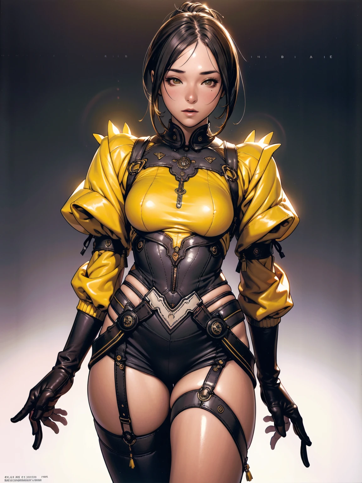 ((best qualityer)), ((work of art)), (detailded:1.4), 3d, an image of a beautiful woman with a perfect body wearing a yellow punk jacket with small spikes and short ripped denim shorts, black leather garter belt, hdr (high-range dynamics),ray tracing,nvidia RTX,Super-resolution,Irreal 5,underground dispersal,PBR Texturing,Post-processing,Anisotropic filtering,Depth of field,Maximum clarity and sharpness,Multilayer textures,Albedo and Specular Maps,Surface shading,Accurate simulation of light-material interaction,perfect proportions,octane rendering,Two-tone lighting,large aperture,Low ISO,White balance,rule of thirds,8K CRU,