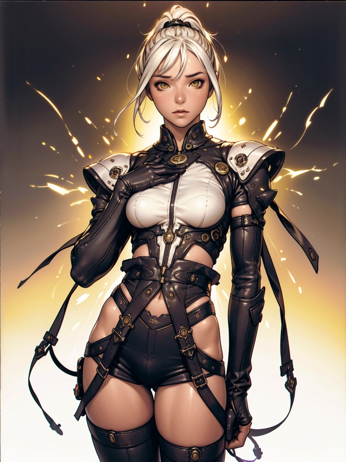 ((best qualityer)), ((work of art)), (detailded:1.4), 3d, an image of a beautiful woman with a perfect body wearing a yellow punk jacket with small spikes and short ripped denim shorts, black leather garter belt, hdr (high-range dynamics),ray tracing,nvidia RTX,Super-resolution,Irreal 5,underground dispersal,PBR Texturing,Post-processing,Anisotropic filtering,Depth of field,Maximum clarity and sharpness,Multilayer textures,Albedo and Specular Maps,Surface shading,Accurate simulation of light-material interaction,perfect proportions,octane rendering,Two-tone lighting,large aperture,Low ISO,White balance,rule of thirds,8K CRU,