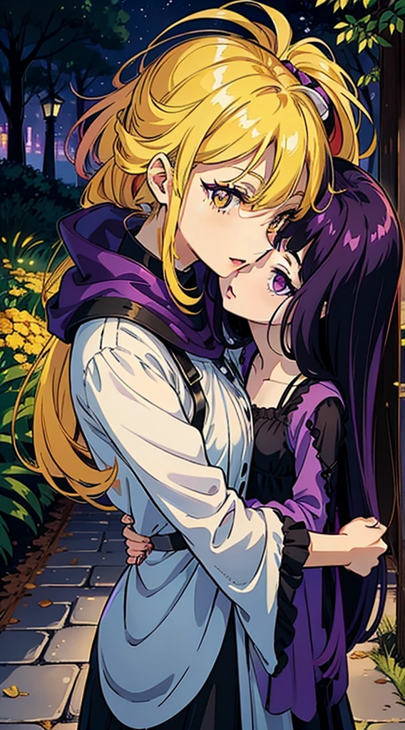Light skinned woman with long dark purple hair bright purple eyes wearing a sexy black dress carrying in her arms a small light skinned girl with yellow hair and bright golden eyes wearing an adorable red dress they are in a park