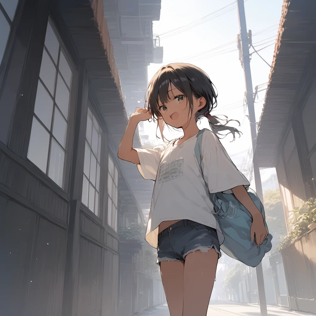 score_9, score_8_up, score_7_up, source_anime, best quality, masterpiece, official art, absurdres, highres, ultra-detailed,waifu2x,Collection: Slice of Life,break,1girl, tomboy, dark-skinned female, short hair, low ponytail, flat chest, beautiful detailed eyes, short shorts, sweat, open mouth, (yawn:0.3), sleepily, outdoors, wind, break,(clear line illustration:1.2),very high resolution, very aesthetic, super detailed skin, Best sexual lighting powered by famous artist, 8k,cute picture,beauty illustration,photoshop_(medium),,(Detailed Lighting),best anime 8k konachan wallpaper, pixiv contest winner,