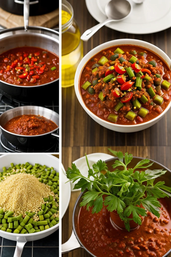 Create a picture about an Okra plant, Chili and Tomato in a kitchen