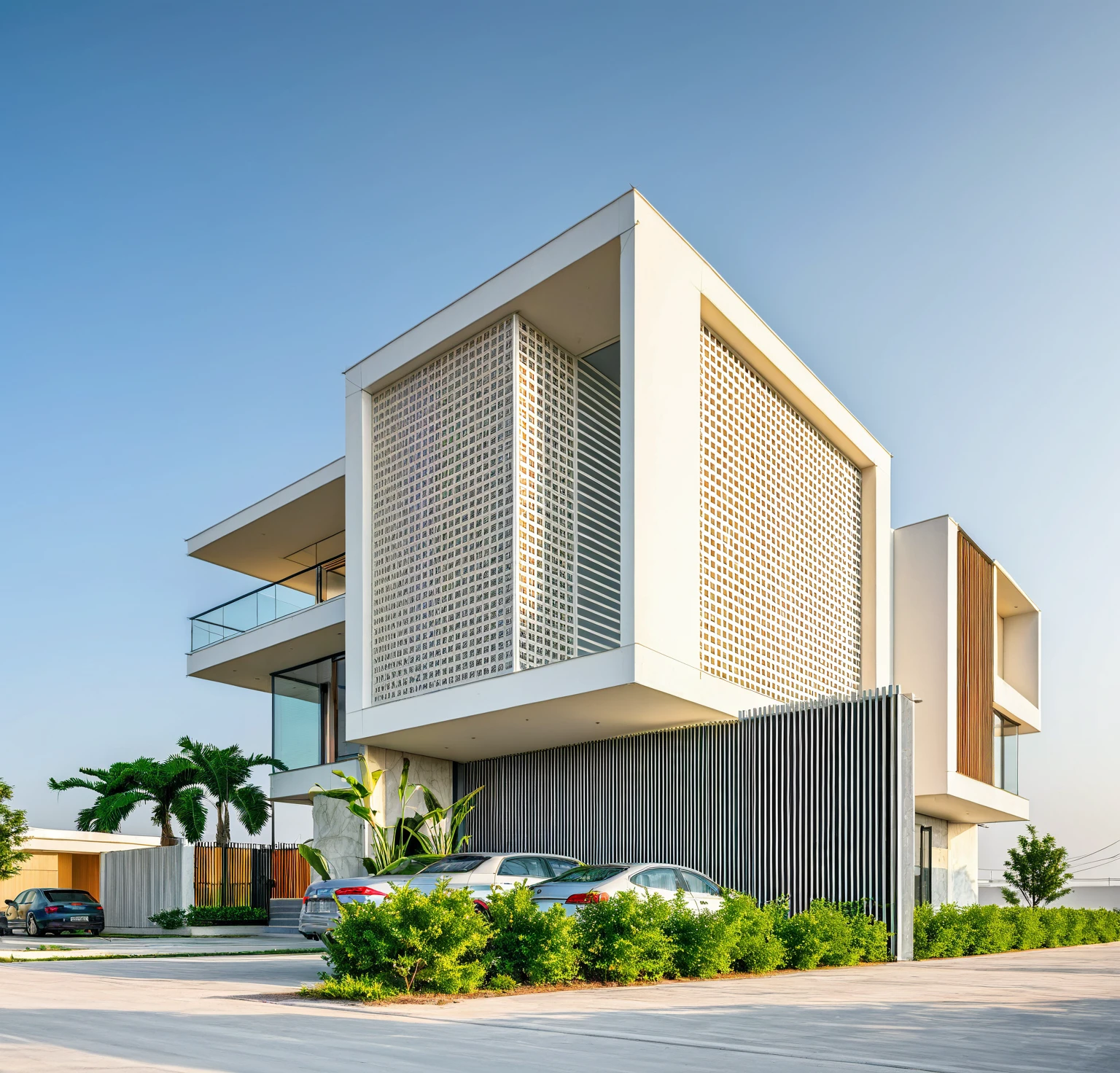 Raw photo,Masterpiece, high quality, best quality, authentic, super detail, exterior, outdoors,Tuonghoagio,house, modern stytle, on the street,wind flower wall, glass windows, white wall,gate, metal railing road,pavement, grass, trees, blue sky, (daylight:1.1), ((realistic photo))