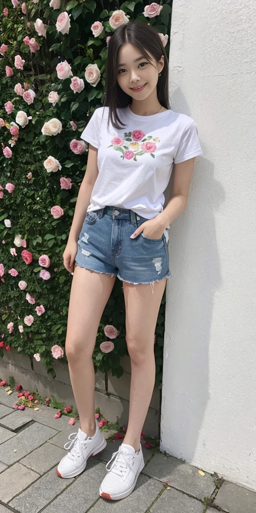 Masterpiece, a young beautiful girl, smiling, looking at the camera, standing in front of a clump of roses, wearing shorts and t-shirt, white sneakers. Wearing a top and shorts, flowers, full-body photo, casual pose, slender legs