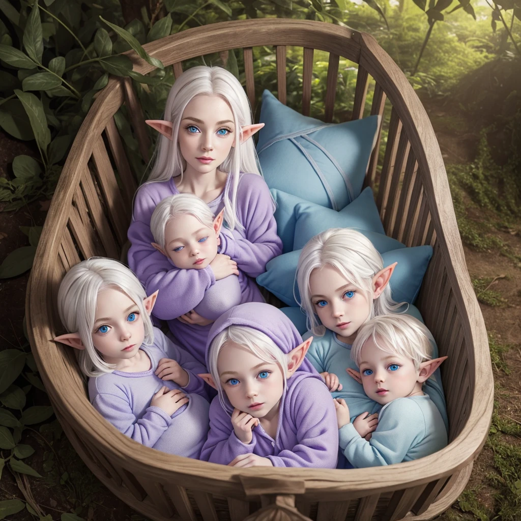 Three identical newborn baby elves with white hair, pointy ears, blue eyes, and pale skin, wearing light purple onesies while lying in a wooden crib with plush pillows in an elvish Woodland palace