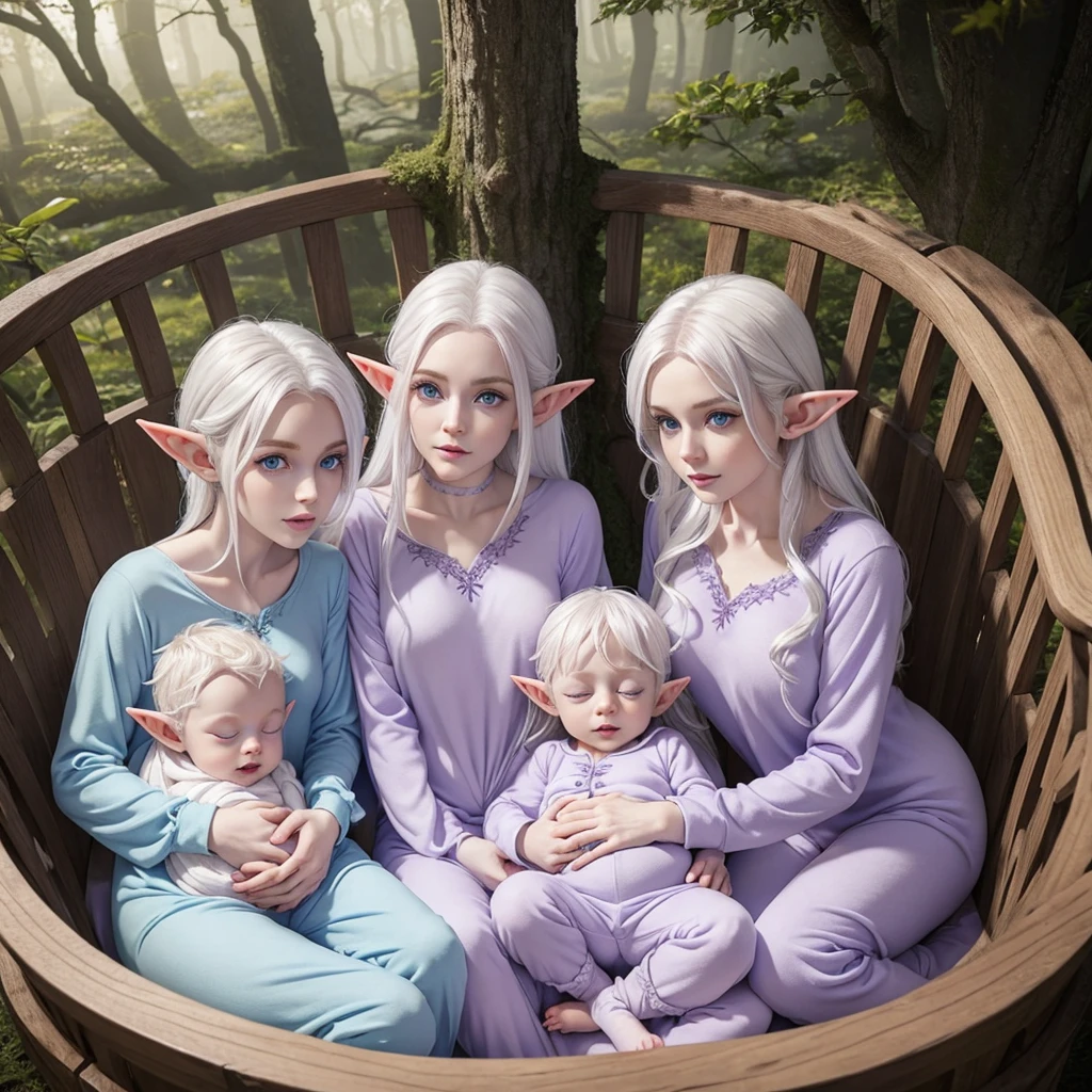 Three identical newborn baby elves with white hair, pointy ears, blue eyes, and pale skin, wearing light purple onesies while lying in a wooden crib with plush pillows in an elvish Woodland palace
