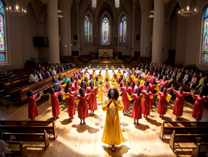 Joyful Gospel Choir Performance: Imagine a vibrant scene in a sunlit church, where a diverse gospel choir in colorful robes sings "Oh Happy Day" with joy and passion. The energy of the music is almost visible, with swirling notes and radiant beams of light filling the space. The congregation claps and sings along, creating an atmosphere of communal bliss and celebration