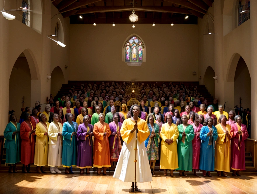 Joyful Gospel Choir Performance: Imagine a vibrant scene in a sunlit church, where a diverse gospel choir in colorful robes sings "Oh Happy Day" with joy and passion. The energy of the music is almost visible, with swirling notes and radiant beams of light filling the space. The congregation claps and sings along, creating an atmosphere of communal bliss and celebration