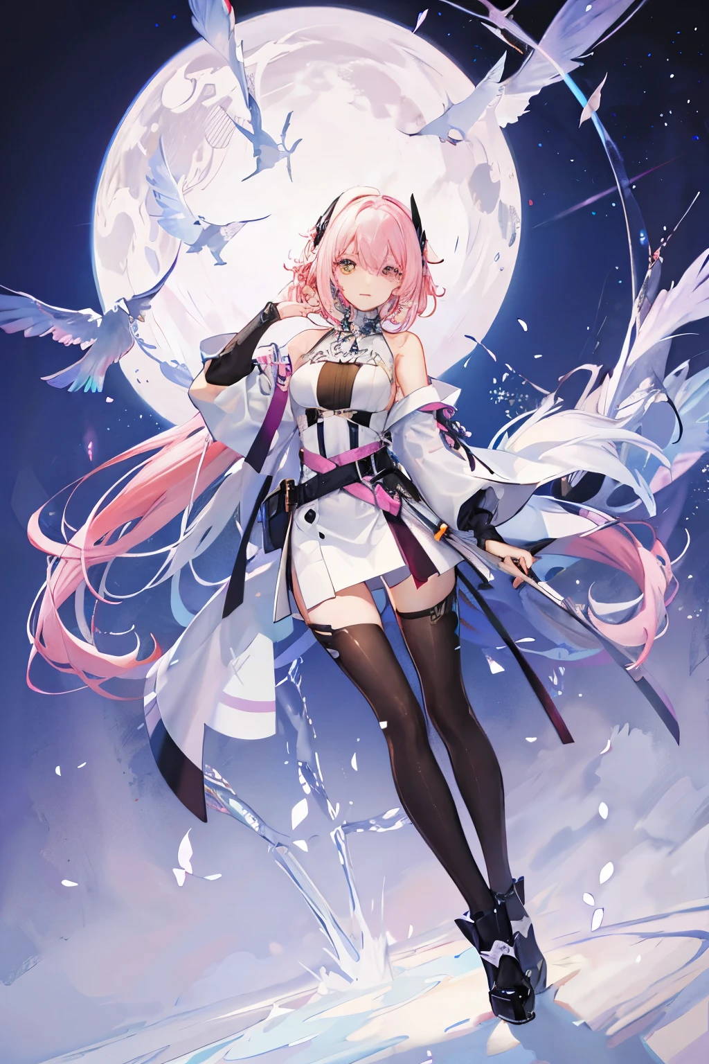 princess standing with pink and white gradient hair with heterochromatic eyes wearing futuristic clothes