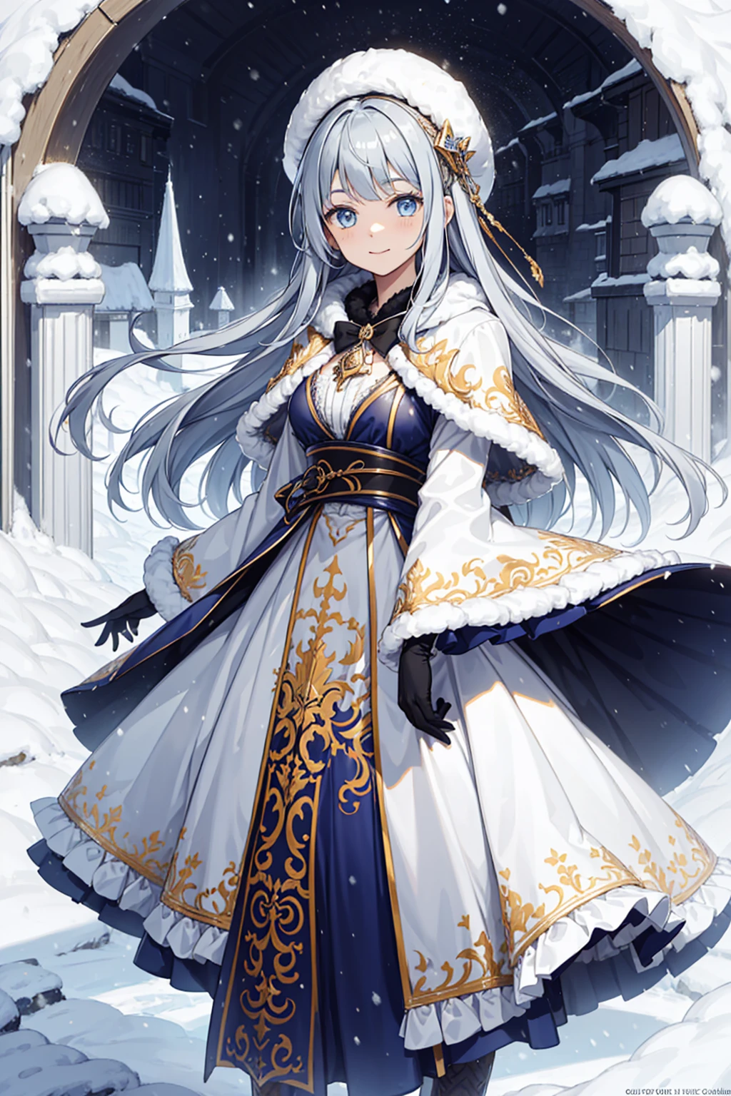 saints，divino，having fun，gentleness，(Military coat:1.1)，Long boots，Long gloves，(Cotton coat)，(Winter hat:1.3)，(Lots of plush:1.1)，down jacket，(Silvery hair:1.1)，eBlue eyes，(Many ornaments made of ice:1.1)，Light gray edges，Light yellow pattern，Sacred motifs，Maximalism，Ruffles，Lace，Delicate embroidery，Delicate pattern，(exquisite costumes)，The background is the cold earth，solo person，Beautiful detailed face，(Wind and snow hit:1.1)，Enchanted