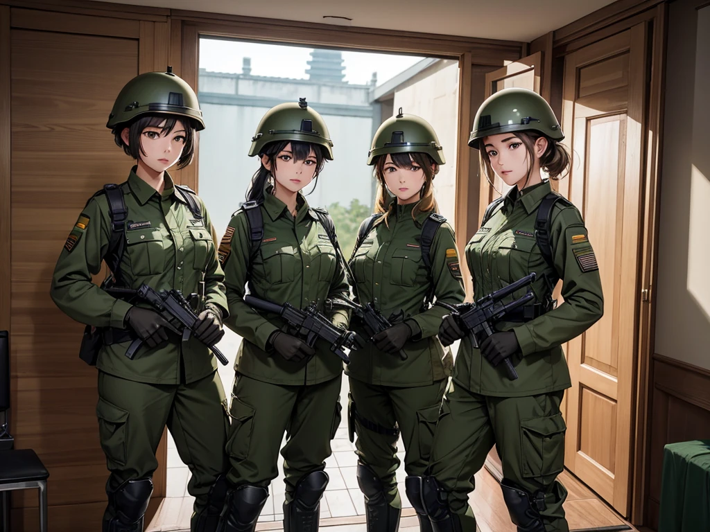 First-person perspective、Three female soldiers in helmets on patrol、 Wearing dark green military uniforms 、Military boots、Military Pants、Gloves、Interior corridors、Write details、masterpiece、best quality、Highly detailed CG、8K picture quality