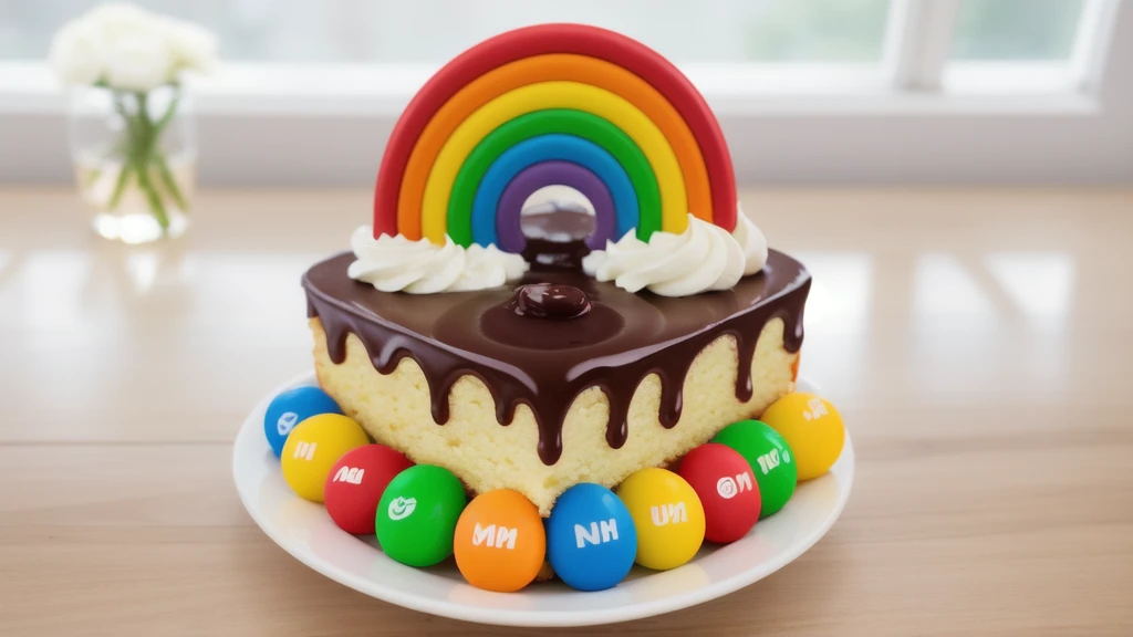 in the kitchen, in the fridge, on a white porcelain plate, a white square cream cake, colorful m&m's dragees around the cake, drops of chocolate ganache on the cake, cream clouds, a rainbow made of polymer clay, window light, bright lights, soft light, window light, professional lighting, light from the window, neat light, realistic texture, realistic style, detailed texture, high quality, high resolution, high quality rendering, realistic photo, brightning light, macro photo
