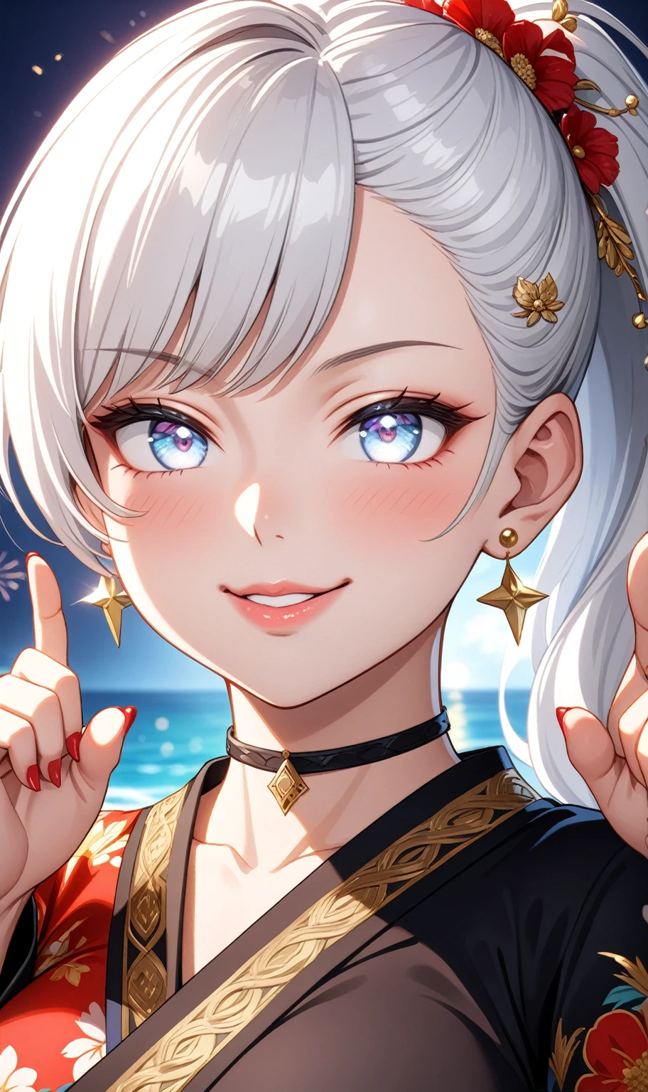 ((One personの女性)), Beautiful Face, ((frown)), (head tilt), ((Wink:1.7)), Laugh with your mouth wide open,((Bright red cheeks:1.4)),Shiny red lips,night,coastal,You can see the ocean, firework,Laughing with your mouth open,Glossy pink lips,Facial lighting,((Anime style background)),masterpiece, Highest quality, so beautiful,up to date, Complex details, (Pink long nails), (4fingers and 1thumbs), (ring),(bracelet),(choker),AI-generated, Complex,High resolution, Highest quality, super high quality,3D Images、3D Images,One person,Long white hair,High Ponytail,(blue eyes),Anime woman posing for a photo, ((Fine grain、Silvery white colorful eyes、Shining Eyes:1.3)),(Squint your eyes:1.1),a hyperRealistic , hyperRealistic , Realistic,Anime woman with long white hair, Smooth anime CG art, A woman in a colorful kimono with gold embroidery, (Black long sleeve kimono),Red floral pattern,Long flower hair ornament,Earrings,Mature Body,(Big Breasts:1.1),Tall,Abdominal muscles,Narrow waist,(Zoom up to face:1.6),(front view),