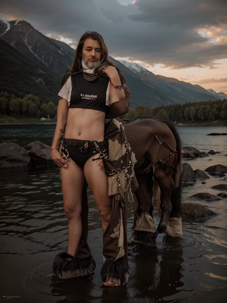 A pot-bellied centaur stands against the backdrop of mountains and a lake, realism, photographic photography