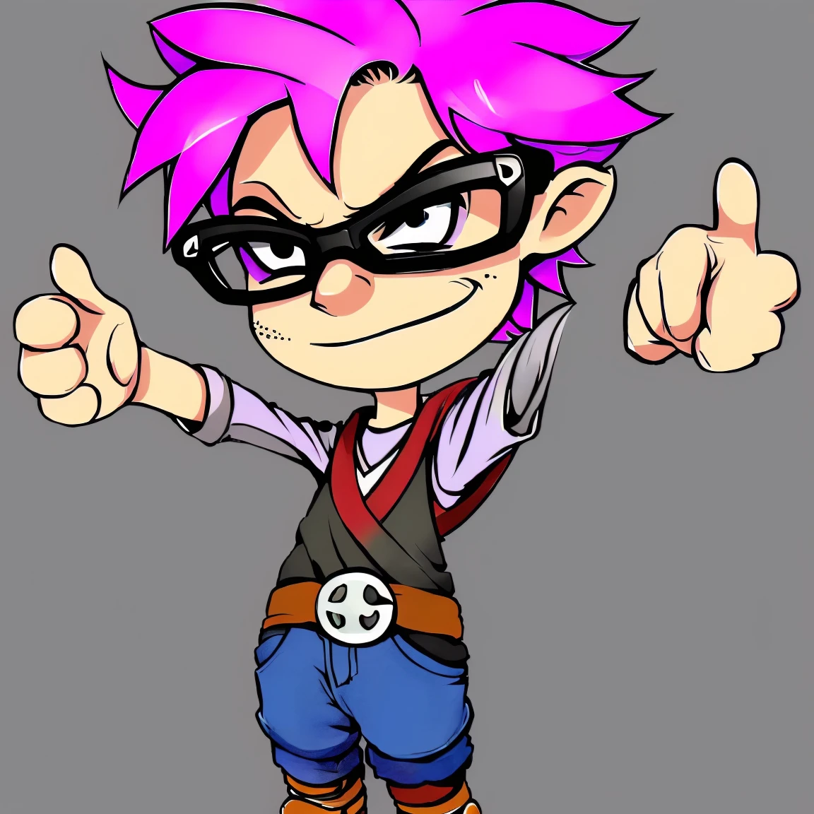 cartoon boy with pink hair and glasses giving a thumbs up, Anime 2D style, 2d elf, inspired by a&#39;Ichi Hiratsuka, estilo 2d, 2d cartoon, 2d cartoon, Anime 2D, anime style character, 2d gorillaz, pink iconic character, art 2D, art 2D, 2 d digital, with pink hair. Exhausted pool boy gets trapped in surreal dream after watching hypnotic news, taking him to an enigmatic terrain where he must face his fears and discover if he is living a nightmare or if he has been absorbed by a mysterious entity..