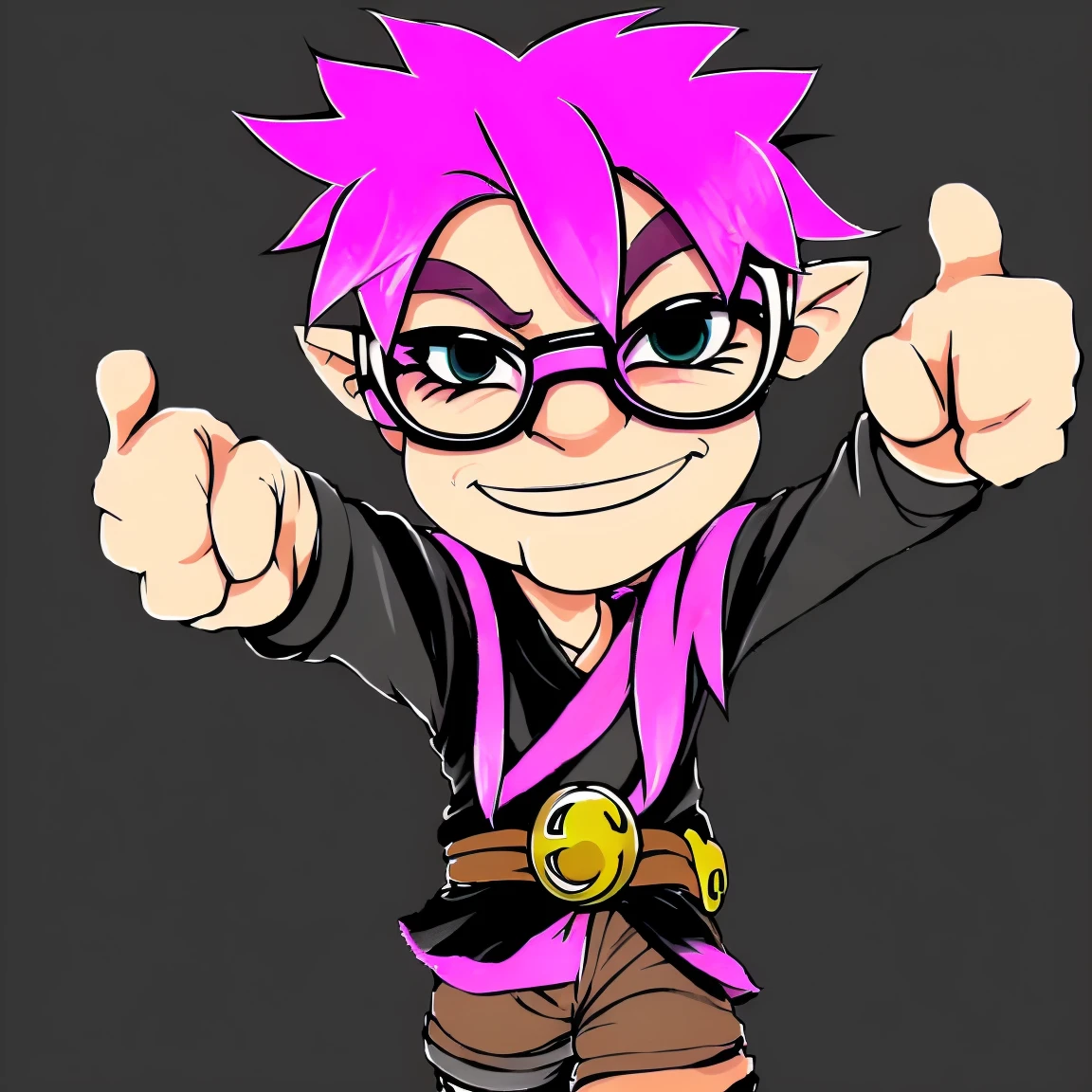 cartoon boy with pink hair and glasses giving a thumbs up, Anime 2D style, 2d elf, inspired by a&#39;Ichi Hiratsuka, estilo 2d, 2d cartoon, 2d cartoon, Anime 2D, anime style character, 2d gorillaz, pink iconic character, art 2D, art 2D, 2 d digital, with pink hair. Exhausted pool boy gets trapped in surreal dream after watching hypnotic news, taking him to an enigmatic terrain where he must face his fears and discover if he is living a nightmare or if he has been absorbed by a mysterious entity..