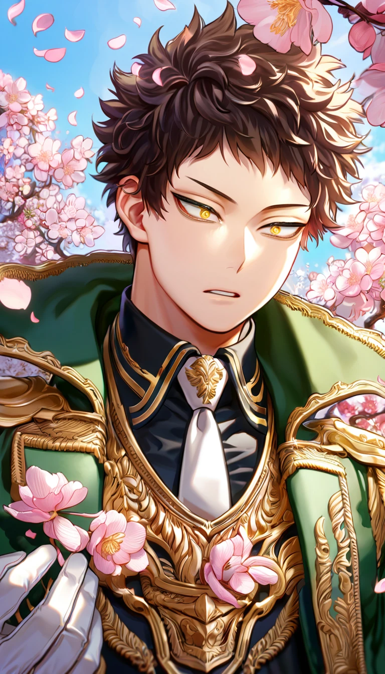 absurdres, highres, ultra detailed, HDR, master piece, best quality, delicated features, Overhaul, dark brown hair, short hair, short bangs, expressive golden eyes, boku no hero academia, green coat with fur, black shirt, white necktie, white gloves, sexy man, handsome, blossoms, pink petals, pink flowers, fantasy, magical,