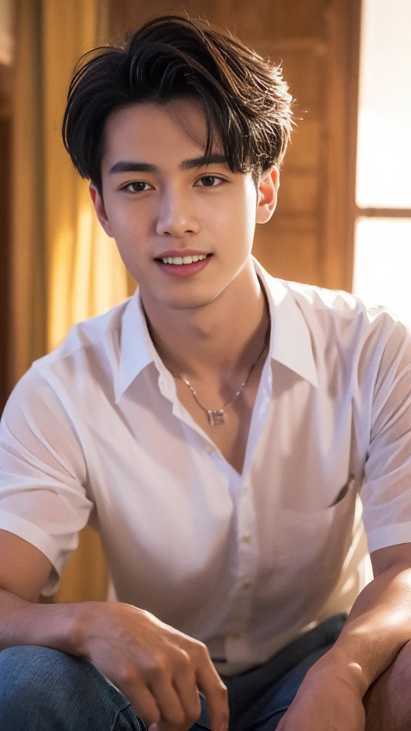 (RAW photo :1.2), (verisimilitude :1.4), casual male, posing at the screen with a smile, very detailed eyes and face, super detailed, high resolution, very detailed, best quality, masterpiece, 8k, amazing, fine detail, soft lighting
