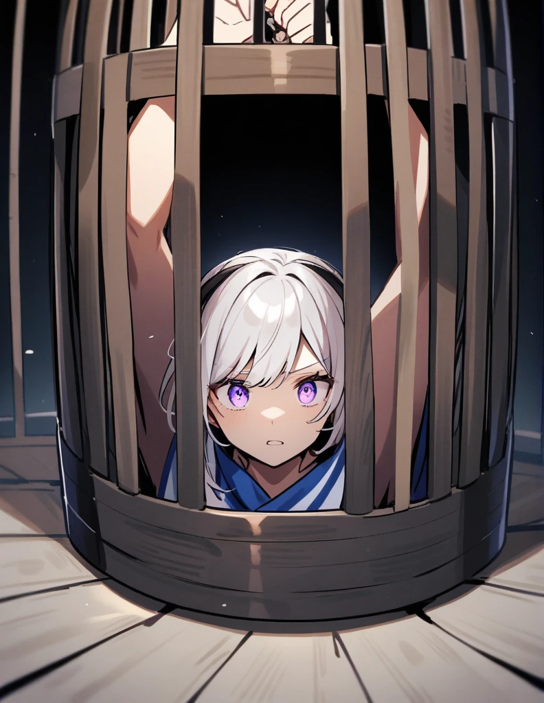 Greek  with white hair, violet eyes, wearing Greek costumes, trapped inside a chained cage on a ship