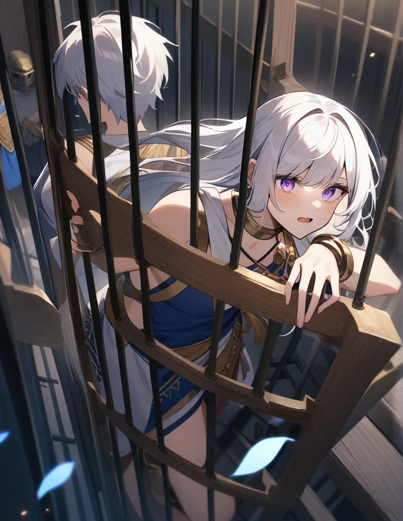 Greek with white hair, violet eyes, wearing Greek costumes, trapped inside a chained cage on a ship