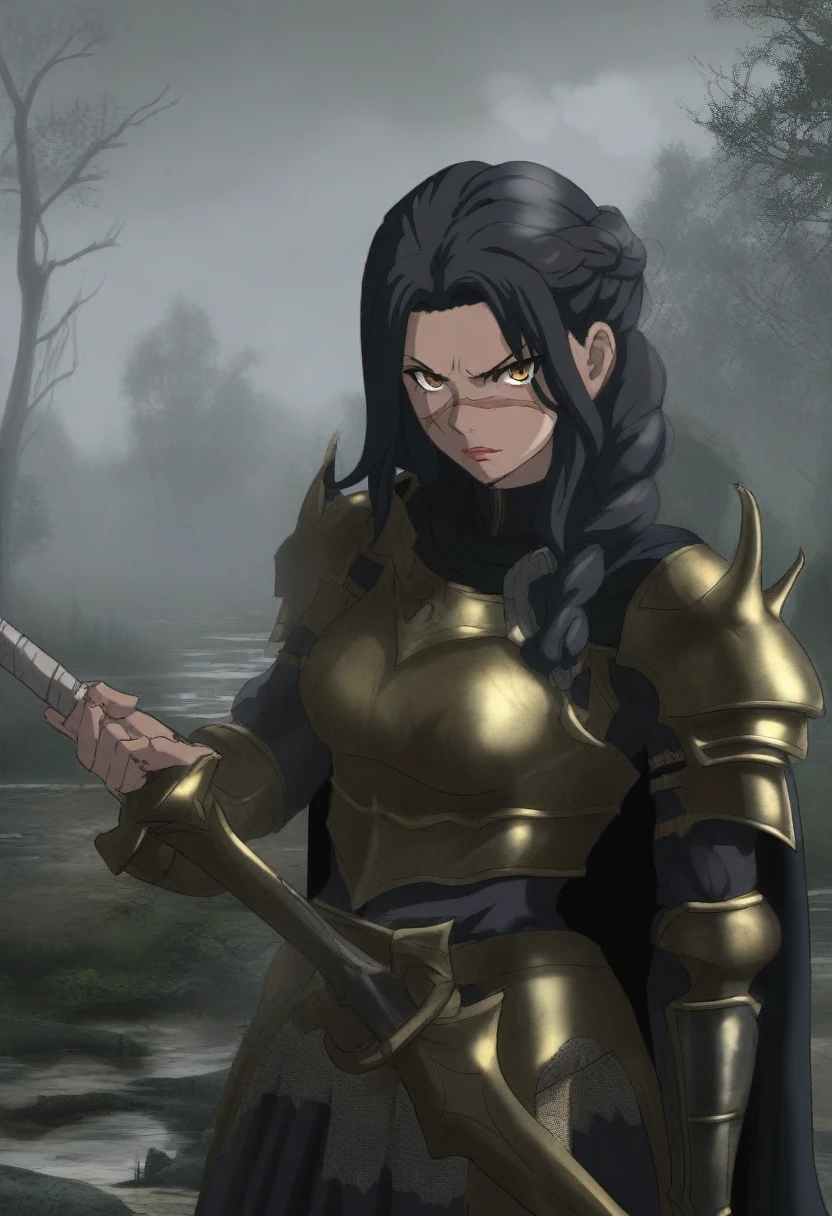 {{portrait, dutch angle}} {{Artist: Sincos}} 1girl, solo, toned female, mature female, medium breasts, black hair, braided hair, long hair, golden eyes, lips, black armour with golden, black cape, angry, outdoors, swamp, ruins, looking at viewer, standing, holding sword, fog, medieval fantasy, scar, cigarette, smoking, day