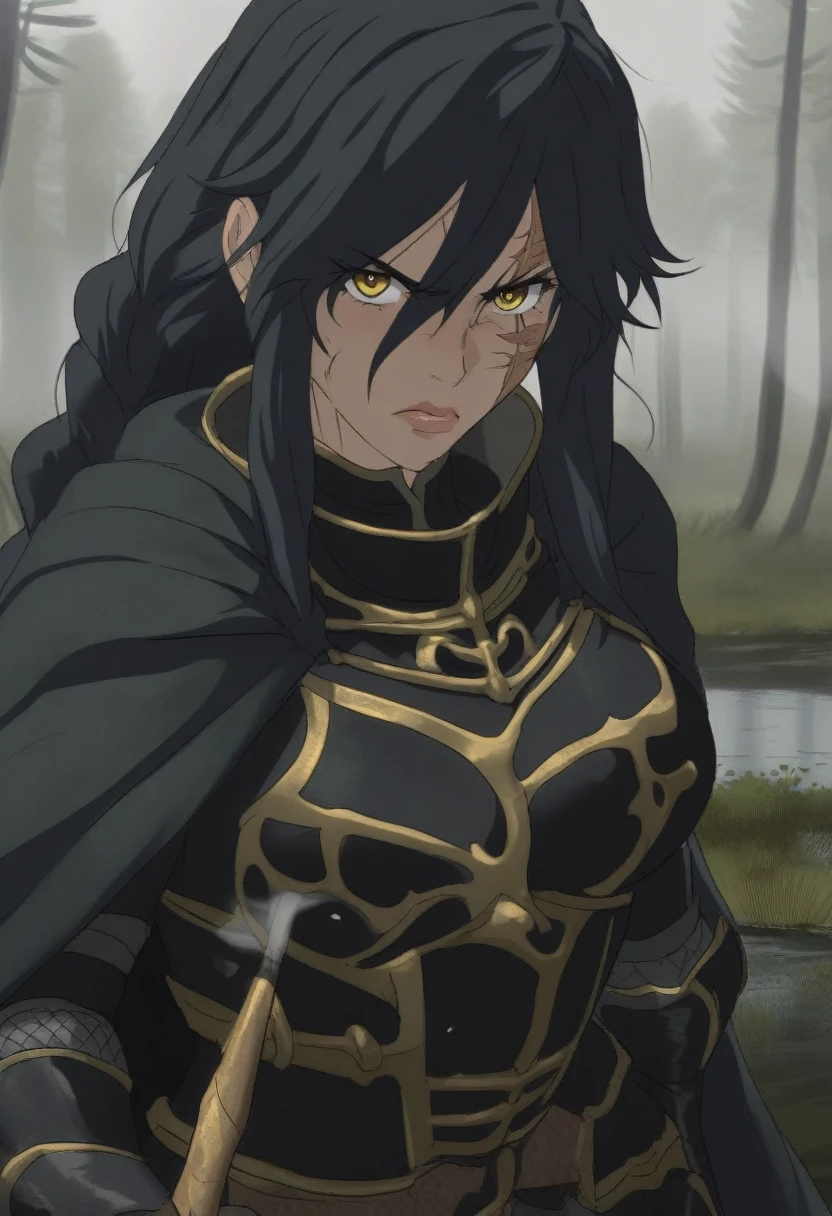 {{portrait, dutch angle}} {{Artist: Sincos}} 1girl, solo, toned female, mature female, medium breasts, black hair, braided hair, long hair, golden eyes, lips, black armour with golden, black cape, angry, outdoors, swamp, ruins, looking at viewer, standing, holding sword, fog, medieval fantasy, scar, cigarette, smoking, day