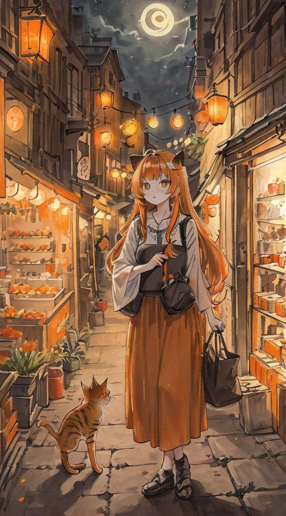 cat, longhair, orange tabby, cute, big eyes, masterpiece, full moon, market alley