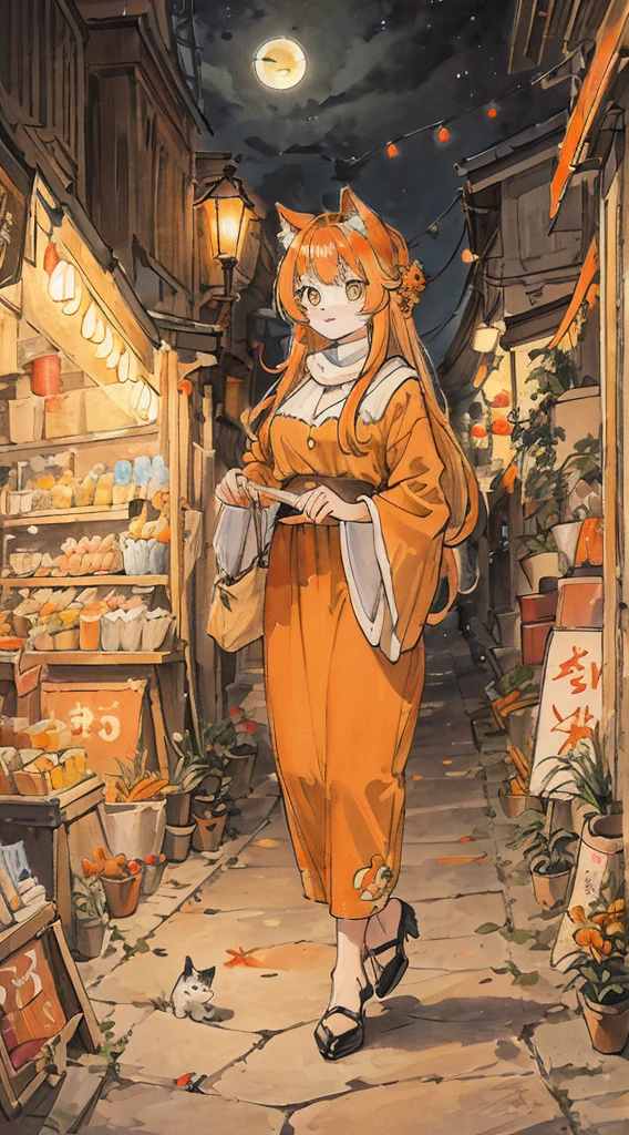 cat, longhair, orange tabby, cute, big eyes, masterpiece, full moon, market alley