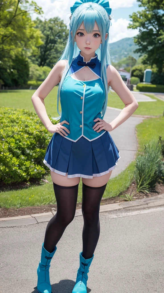 full body length, aesthetic anatomy, 1cute girl wears Aqua outfit from KonoSuba's anime, long blue hair, blue eyes, tight sleeveless dark blue vest, swipe dark blue skirt, hightights dark blue boots, dynamic angle, highly detailed, natural details, masterpiece, 4K quality, 8k resolution