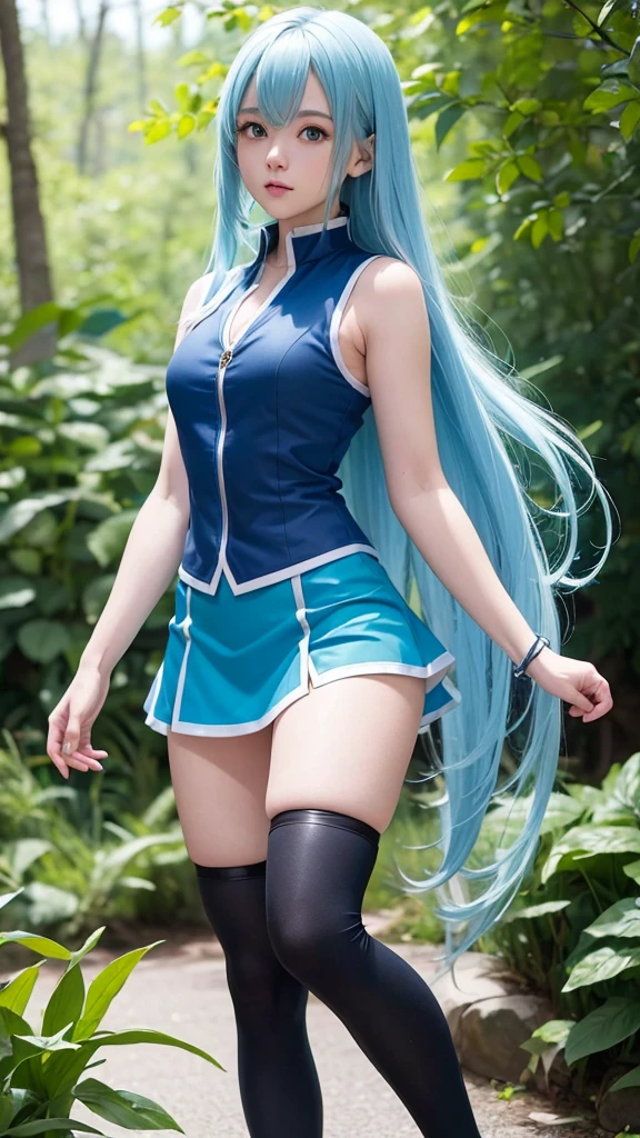 full body length, aesthetic anatomy, 1cute girl wears Aqua outfit from KonoSuba's anime, long blue hair, blue eyes, tight sleeveless dark blue vest, swipe dark blue skirt, hightights dark blue boots, dynamic angle, highly detailed, natural details, masterpiece, 4K quality, 8k resolution 
