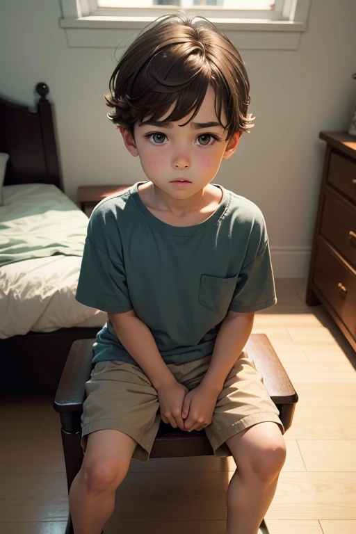  boy with brown hair, whole body, seated, bottom bedroom