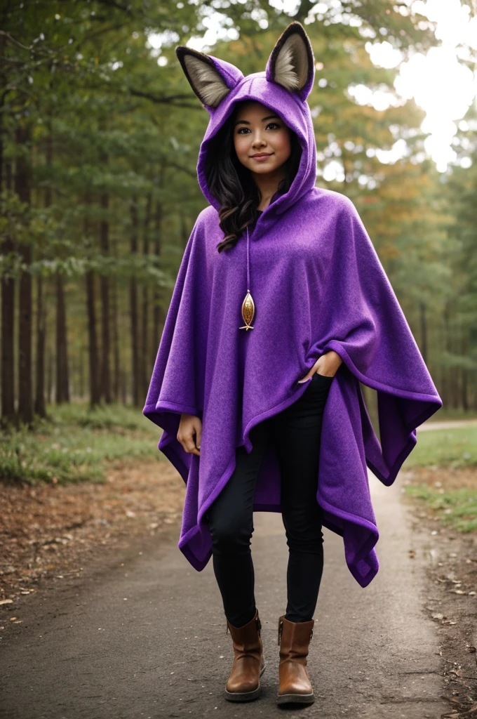 A person dressed as a fox wearing a purple poncho and looking from head to toe
