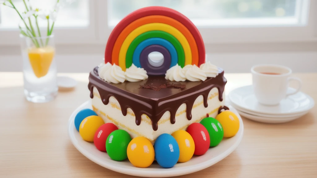 in the kitchen, in the fridge, on a white porcelain plate, a white square cream cake, colorful m&m's dragees around the cake, drops of chocolate ganache on the cake, cream clouds, a rainbow made of polymer clay, window light, bright lights, soft light, window light, professional lighting, light from the window, neat light, realistic texture, realistic style, detailed texture, high quality, high resolution, high quality rendering, realistic photo, brightning light, macro photo