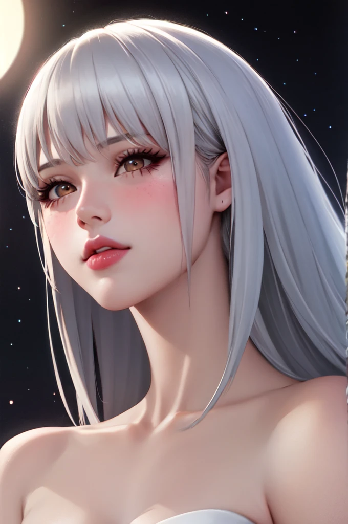1girl, beautiful face, ((white eyes)), sexy pose, Red moon in the background, stars, space, (lightroom:1.13), soft light, (natural skin texture:1.2), (hyperrealism:1.2), sharp focus, focused,[[realistic]]