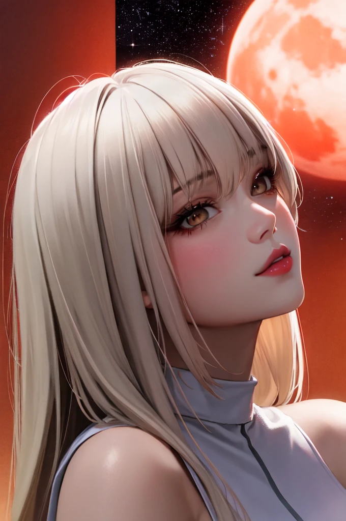 1girl, beautiful face, ((white eyes)), sexy pose, Red moon in the background, stars, space, (lightroom:1.13), soft light, (natural skin texture:1.2), (hyperrealism:1.2), sharp focus, focused,[[realistic]]