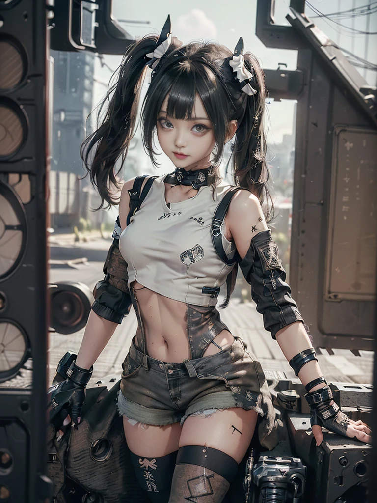 (Full Body View:1.5)、(Side view:1.0)、(Please smile with your teeth showing:1.3),(Shibuya Gal:1.5)、(Gothic Lolita style fashion:1.5)、(Tattered khaki and gray futuristic micro high leg bodysuit:1.5)、(Tattered Khakis and White Micro Fancy Sleeves:1.5)、(Tattered khaki micro shorts:1.5)、(Brown and khaki knee socks:1.3)、(camouflage:1.3)、(Military jacket:1.4)、Brown boots、Khaki gloves、internal、(The underwear is striped:1.4)、23 years old、(do a gravure pose:1.3)、((Highest quality、8K、masterpiece:1.3))、One girl、The beauty of slim abs:1.3、(Hairstyle Casual、Big Tits:1.1)、dress:1.1、Super small face、Narrow eyes、double eyelid、Laughter、Esbian all over、Dynamic Angle、Close-up、CPL Filter、Blurred Background、Bokeh、Blue Hour、Detailed face and skin texture、Detailed Eyes,(Twin tails:1.3)、(Black brown hair:1.4)、Gravure idol pose、(The background is the cockpit of the battlefield:1.3)、(The body is slim:1.2),(Slim legs:1.4),(clavicle:1.1)