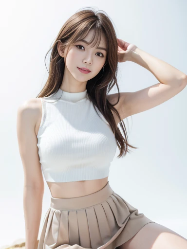 masterpiece, Highest quality, Super detailed, 複雑に詳細なSuper detailed, Realistic, Sharp features, Very detailed, Sharp focus, Perfect Face, Perfect Face, Perfect symmetrical perfect eyes, Perfect Plump Lips, Flexible female form, Cinematic, Film Light, Super detailed, hyper Realistic, High resolution, Vibrant, Light brown hair, Asymmetrical Hair, Asymmetrical bangs, Messy Hair, attrActive Pause, skinny Idol Sculpture, Idol Sculpture, , Pleated skirt, smile, the wind is strong, close, (Wearing clothes:1.3), (White Background, Light background:1.2), Natural light, Black leggings, Roll up your skirt, Dynamic pose, Active Pause, Char_-bar_Mami_128 DIM