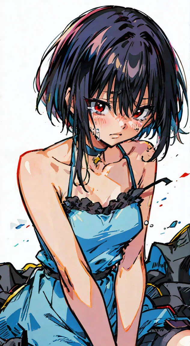hasuichi nishizono holds a crying  in a dress and blue camisole with black hair and red eyes, choker
