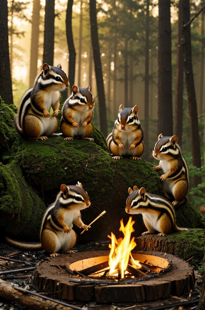 Chipmunks rescuers extinguish a fire, there is a forest around, excellent quality