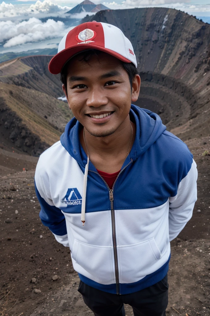 Indonesian man, oval face, smiling, cubby body, brown skin, wearing a hat, wearing a blue hoodie jacket, carrying a red and white Indonesian flag, full body, at the top of Mount Semeru, visible behind the mountain crater, visible white clouds far away, photo from above, full HD, realistic