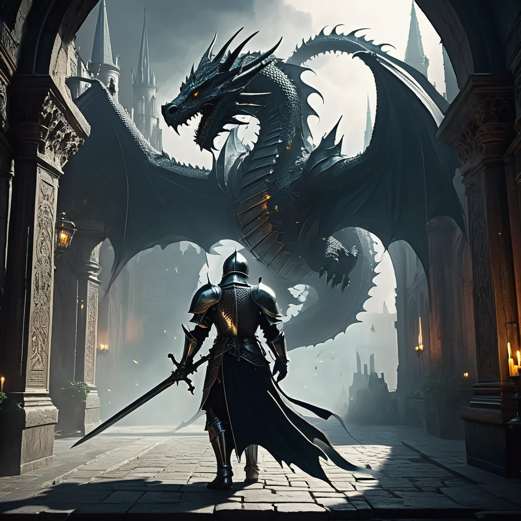 Picture a knight clad in imposing, dark armor adorned with intricate patterns that evoke the scales of a dragon, each piece crafted with meticulous detail and shimmering faintly in the torchlight of a medieval dark fantasy world. Atop the knight's helm rests a fearsome mask shaped like the head of a dragon, its eyes glowing with an otherworldly light that casts eerie shadows across their path.
The knight's presence commands respect and fear alike, their movements purposeful and deliberate as they traverse the ancient, cobblestone streets of a shadowy city. Behind them, banners flutter in the wind, emblazoned with symbols of ancient houses long forgotten. The air is heavy with the scent of smoke and incense, mingling with the distant sounds of clashing swords and echoing cries of battle.
In one hand, the knight wields a broadsword forged from blackened steel, etched with runes that pulse with dark magic. Across their back, a shield bears the image of a coiling dragon, its wings spread wide as if ready to take flight. As they pass beneath the towering arches of a forgotten cathedral, their presence echoes the strength and mystery of dragons themselves.
Capture the aura of power and mystery surrounding this knight with a dragon head mask in the medieval dark fantasy world, where legends of ancient beasts and valorous knights intertwine amidst the shadows of a bygone era."