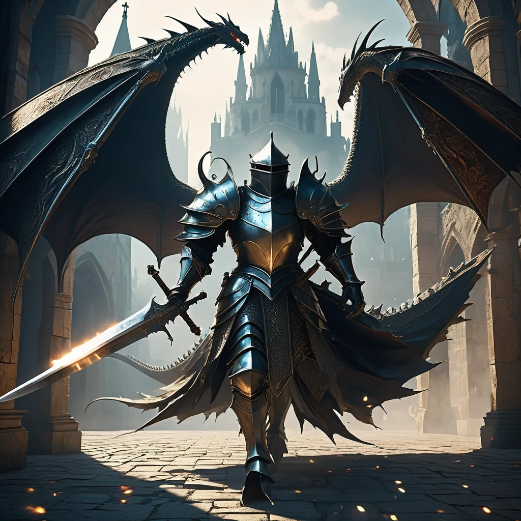 Picture a knight clad in imposing, dark armor adorned with intricate patterns that evoke the scales of a dragon, each piece crafted with meticulous detail and shimmering faintly in the torchlight of a medieval dark fantasy world. Atop the knight's helm rests a fearsome mask shaped like the head of a dragon, its eyes glowing with an otherworldly light that casts eerie shadows across their path.
The knight's presence commands respect and fear alike, their movements purposeful and deliberate as they traverse the ancient, cobblestone streets of a shadowy city. Behind them, banners flutter in the wind, emblazoned with symbols of ancient houses long forgotten. The air is heavy with the scent of smoke and incense, mingling with the distant sounds of clashing swords and echoing cries of battle.
In one hand, the knight wields a broadsword forged from blackened steel, etched with runes that pulse with dark magic. Across their back, a shield bears the image of a coiling dragon, its wings spread wide as if ready to take flight. As they pass beneath the towering arches of a forgotten cathedral, their presence echoes the strength and mystery of dragons themselves.
Capture the aura of power and mystery surrounding this knight with a dragon head mask in the medieval dark fantasy world, where legends of ancient beasts and valorous knights intertwine amidst the shadows of a bygone era."