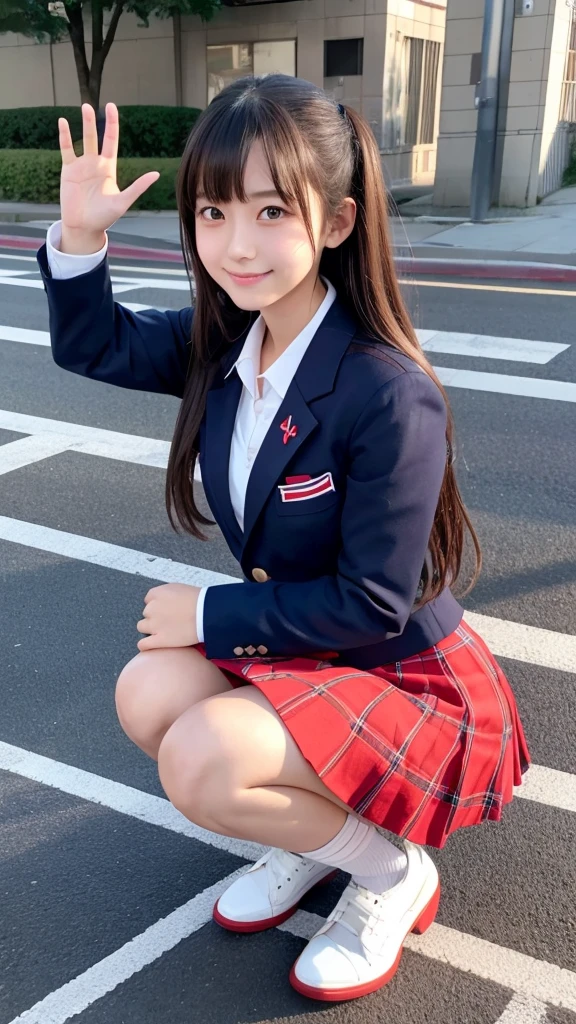 Japanese、18-year-old、high school girl、Navy blue blazer uniform、Red checkered mini skirt、Crouching and waving with both hands