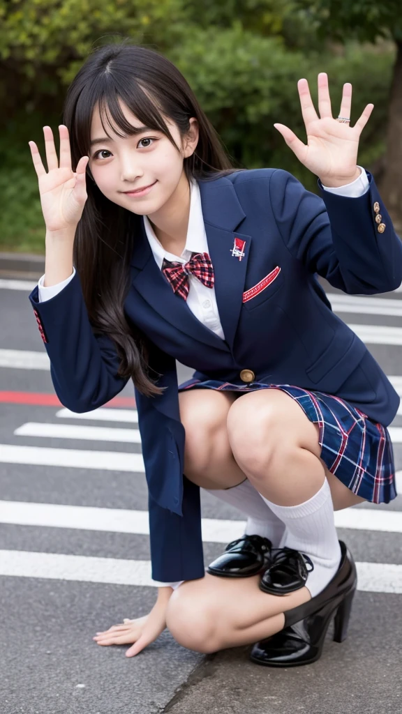 Japanese、18-year-old、high school girl、Navy blue blazer uniform、Red checkered mini skirt、Crouching and waving with both hands