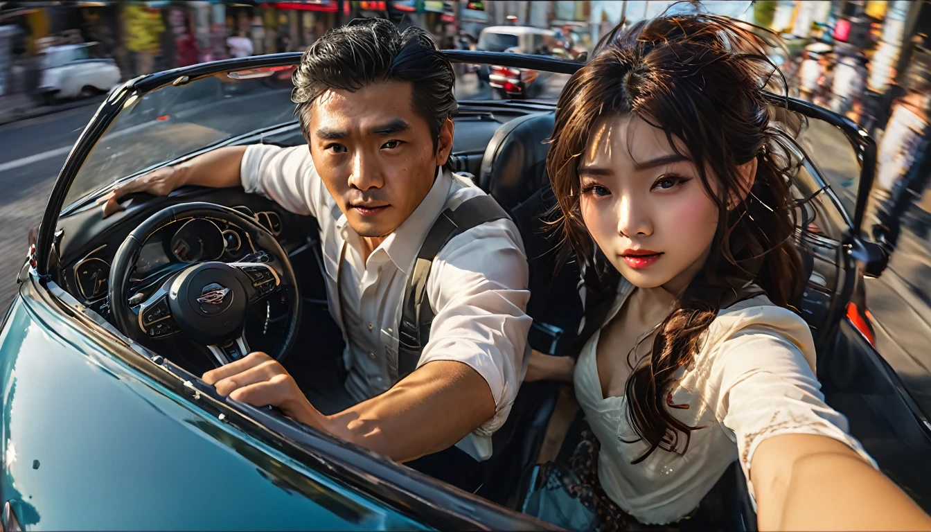 A rich middle-aged Japanese man and a young beautiful woman ride in an open car, Wide angle, 4K (man) high resolution, Sharp focus, (Super detailed, Very detailed), (Photorealistic artwork: 1.37), (Highly detailed CG Unity 8k wallpaper), (((vibrant colors, vibrant theme))), (Intricate), (Masterpiece), (Best quality), Art photography, (Photo by sldr), (Intricate background), Perfectly rendered face, Perfect facial details, Realistic face, Photorealistic, ((Intricate details)), (((Realism))), Full body, Wide field of view,